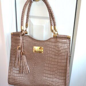 BEBE Croc Tan Satchel Leather Hand Bag  11" X 12.5"